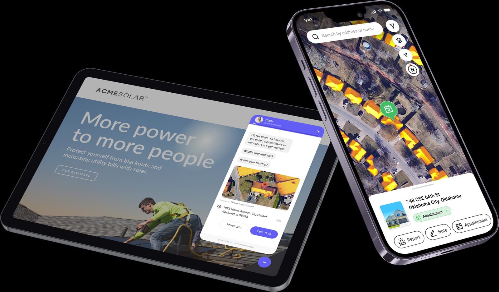 Canvassing app: rep leaderboard, territory map, appointment actions, and personal solar report